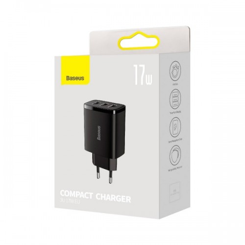 Зарядка для телефона планшета 17Вт 3х USB черная Baseus Compact CCXJ020101