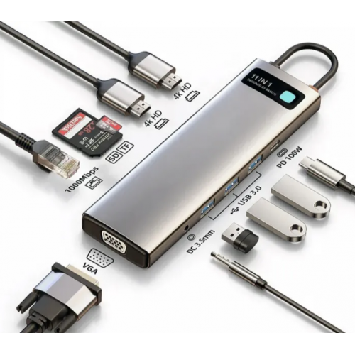 Hub concentrator USB Type-C 11în1 VGA cititor de card încărcare 100W Baseus Metal Gleam CAHUB-CT0G